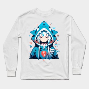 anime character wearing a blue shark hoodie Long Sleeve T-Shirt